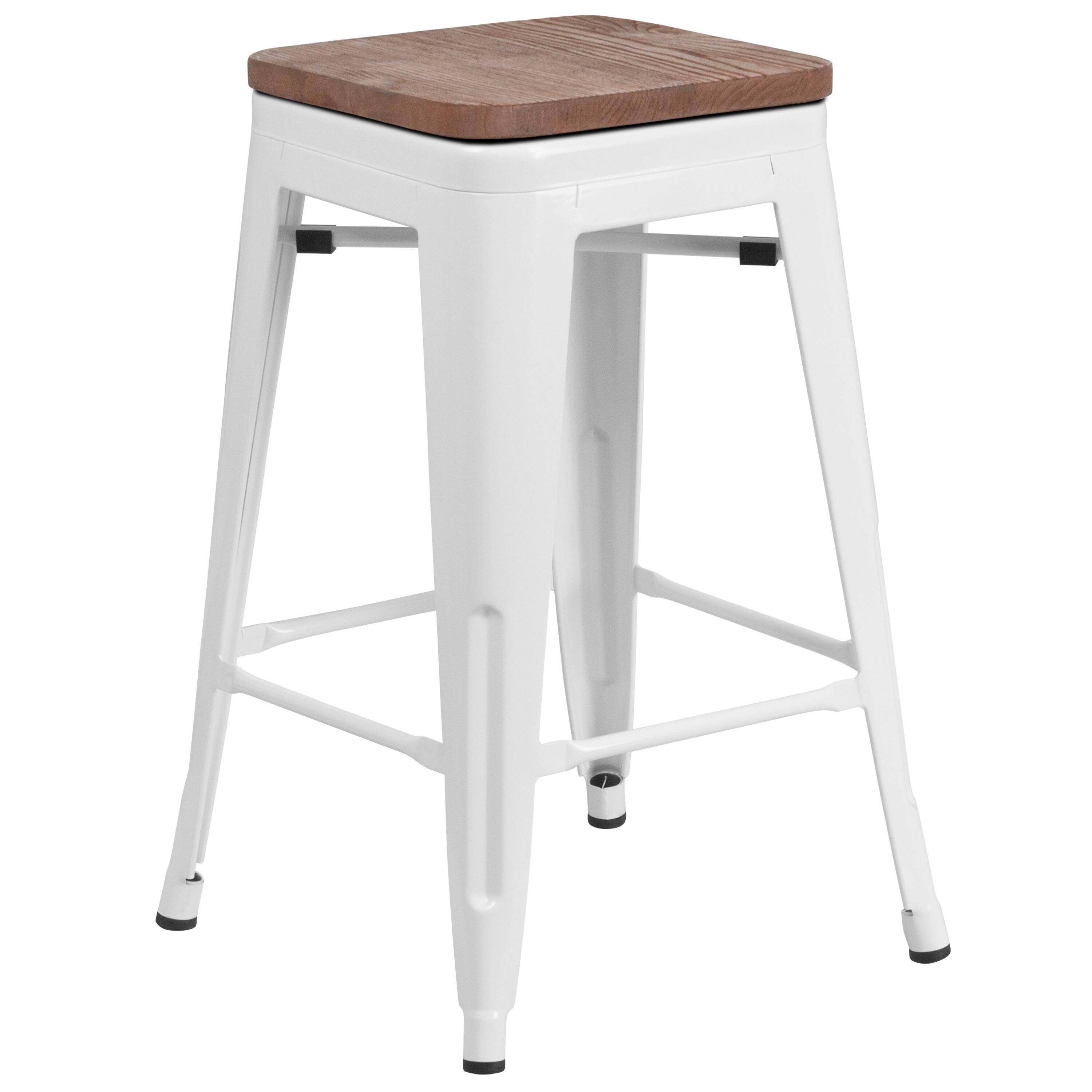 Alt View 1. Emma + Oliver - 24"H Backless Metal Counter Height Stool with Wood Seat - White.