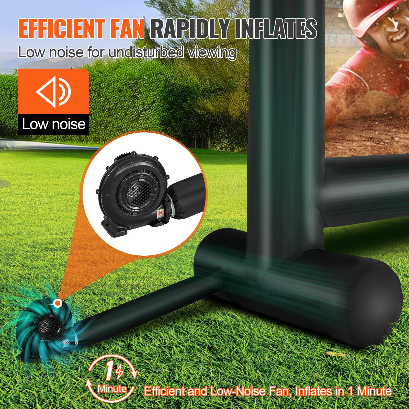 EFFICIENT FAN RAPIDLY INFLATES, Low noise for undisturbed viewing, Low noise & 14 Minute, Efficient and Low-Noise Fan, Inflates in 1 Minute