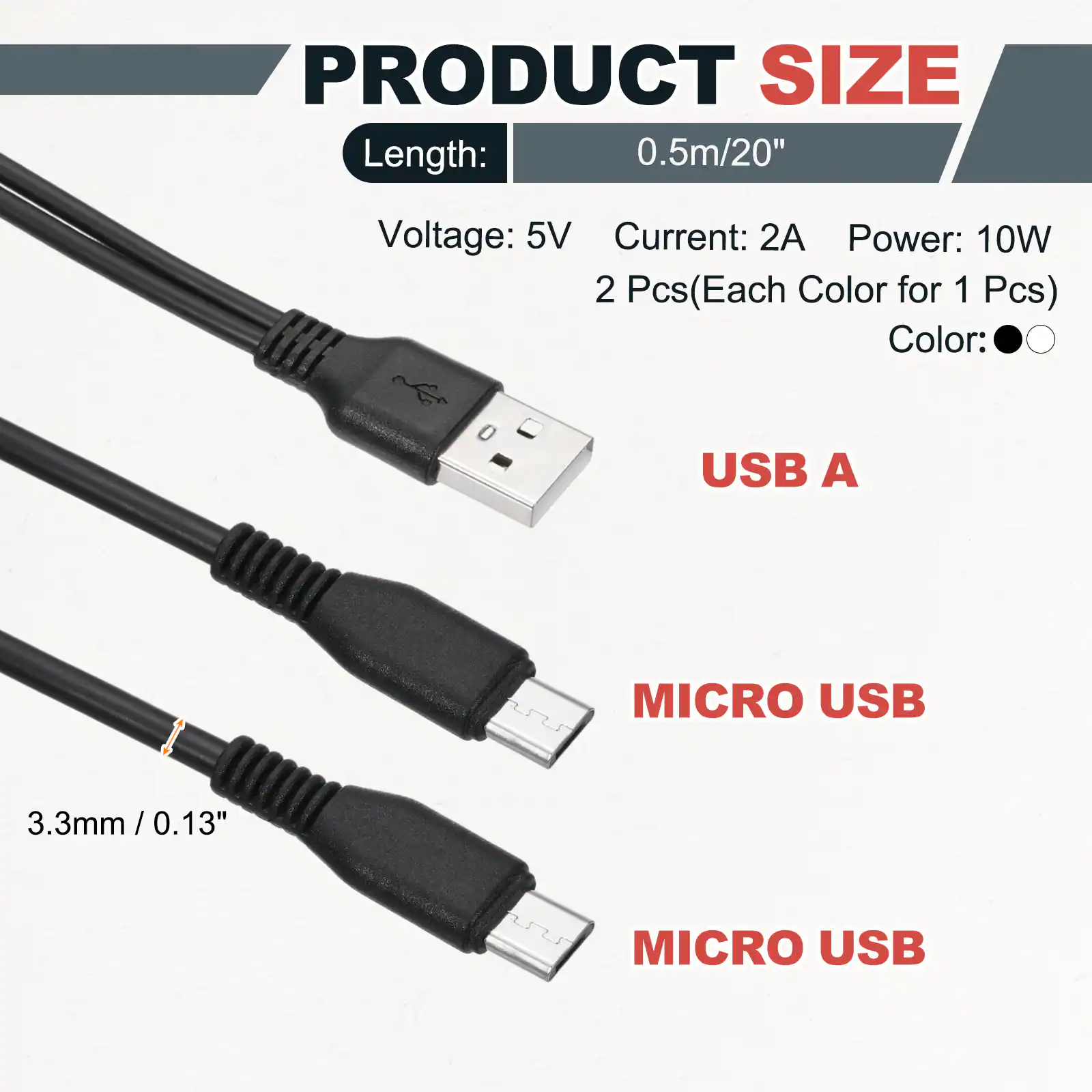 PRODUCT SIZE  
Length: 0.5m/20"  
Voltage: 5V  
Current: 2A  
Power: 10W  
2 Pcs (Each Color for 1 Pcs)  
Color:  
USB A  
MICRO USB  
3.3mm/0.13"  
MICRO USB