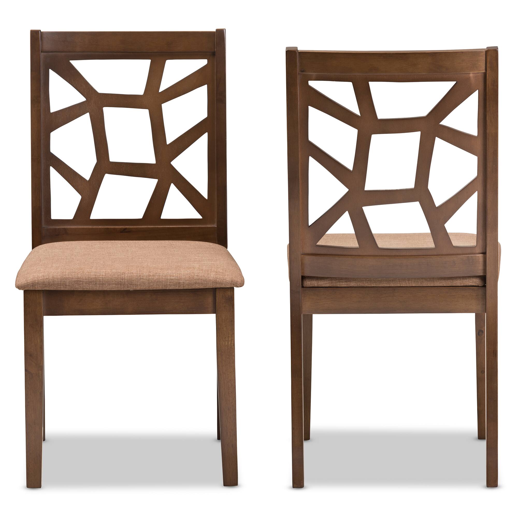 Angle. Baxton Studio - Set of 2 Abilene Mid-Century Fabric Upholstered and Finished Dining Chairs - Light Brown/"Walnut" Brown.