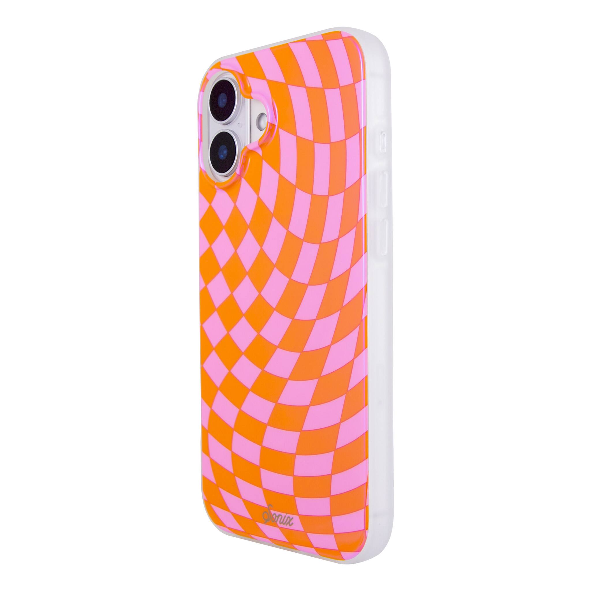 Left. Sonix - iPhone 16 Plus Case Checkmate Pink & Orange - Pink.
