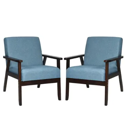 Front. Costway - Set of 2 Fabric Accent Armchair Solid Wood Upholstered Lounge Chair - Blue.