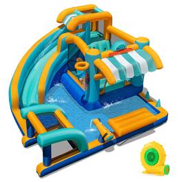 Costway - Inflatable Water Park with Market Stand Climbing Wall Basketball Rim 680W Blower - Multicolor
