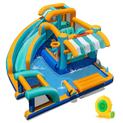 Front. Costway - Costway Inflatable Water Park with Market Stand Climbing Wall Basketball Rim 680W Blower - Multicolor.