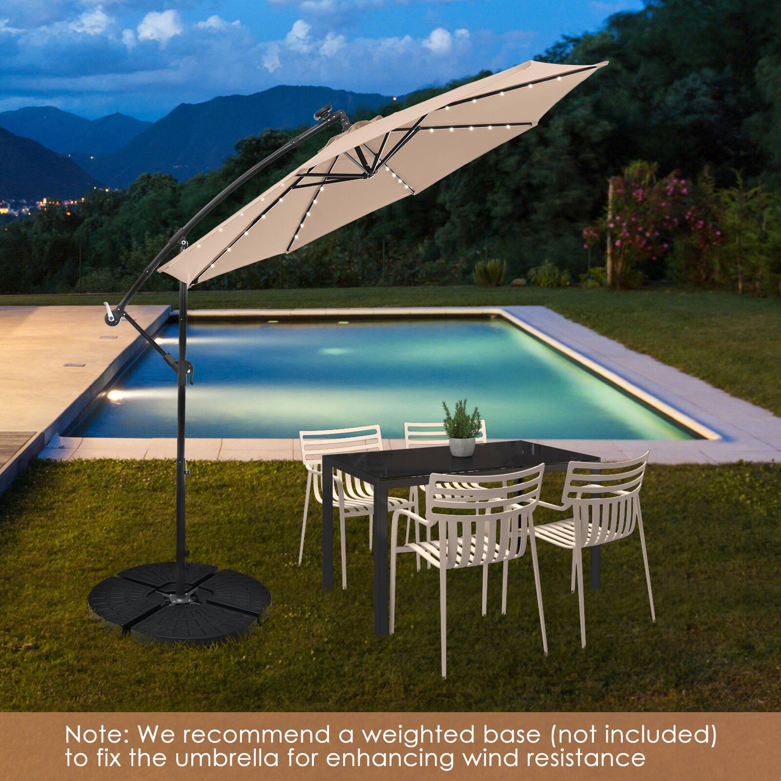 Note: We recommend a weighted base (not included) to fix the umbrella for enhancing wind resistance