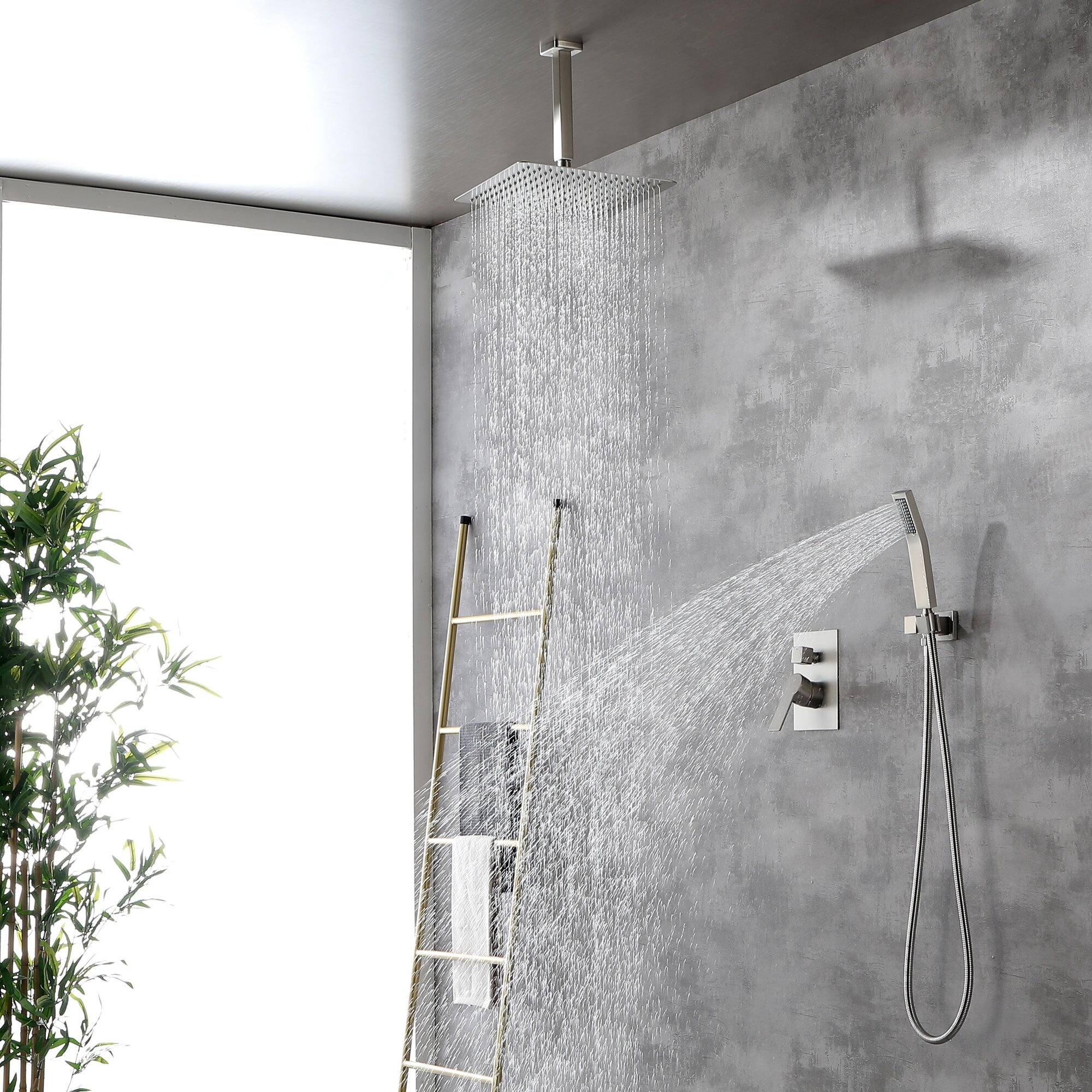 Left. Boyel Living - 1-Spray Patterns with 2.5 GPM 12 in. Ceiling Mount Dual Shower Heads with Pressure Balance Valve in Brushed Nickel - Brushed Nickel.