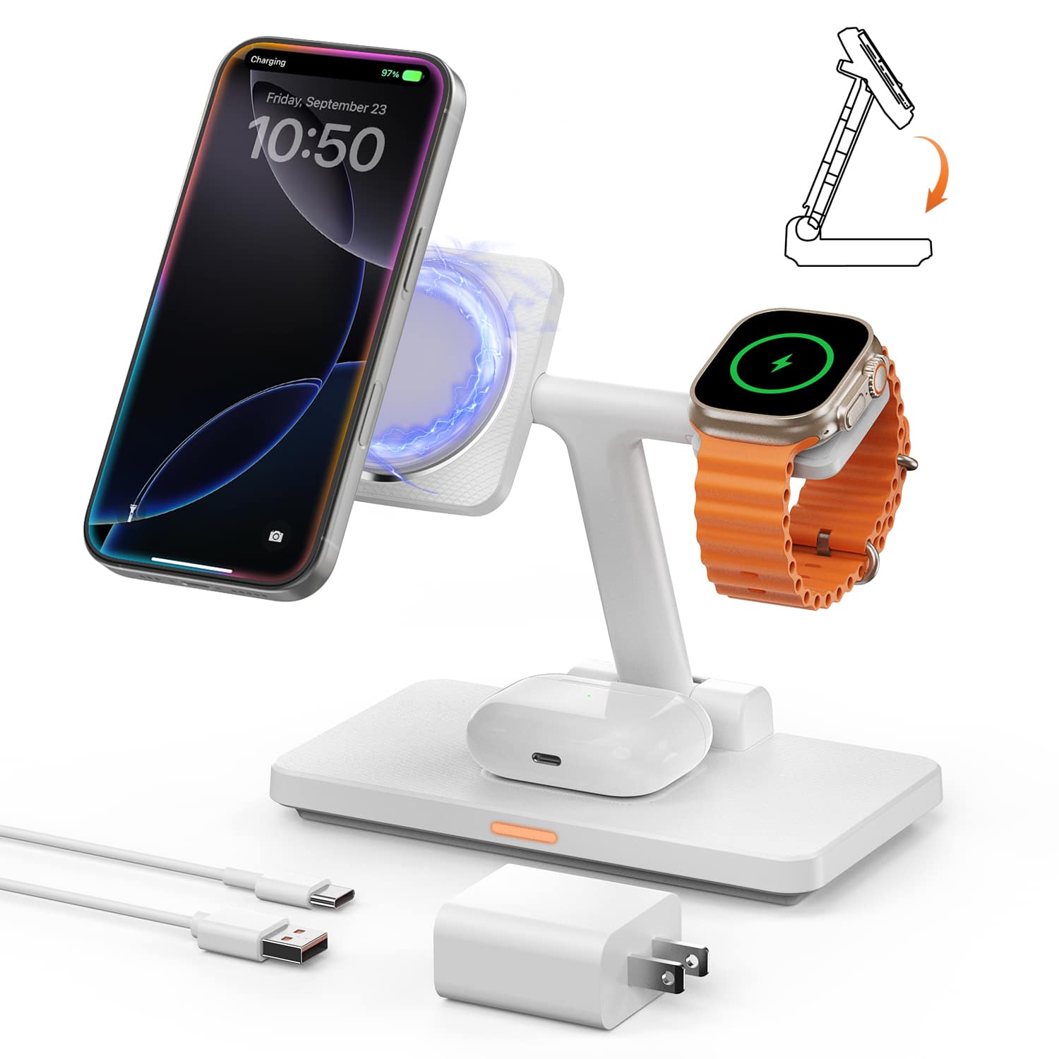 GreenEver - 3 in 1 Charger Phone Stand Charge Wireless Charging Station for iPhone 12-16 Pro/Max/Plus for AirPods - White