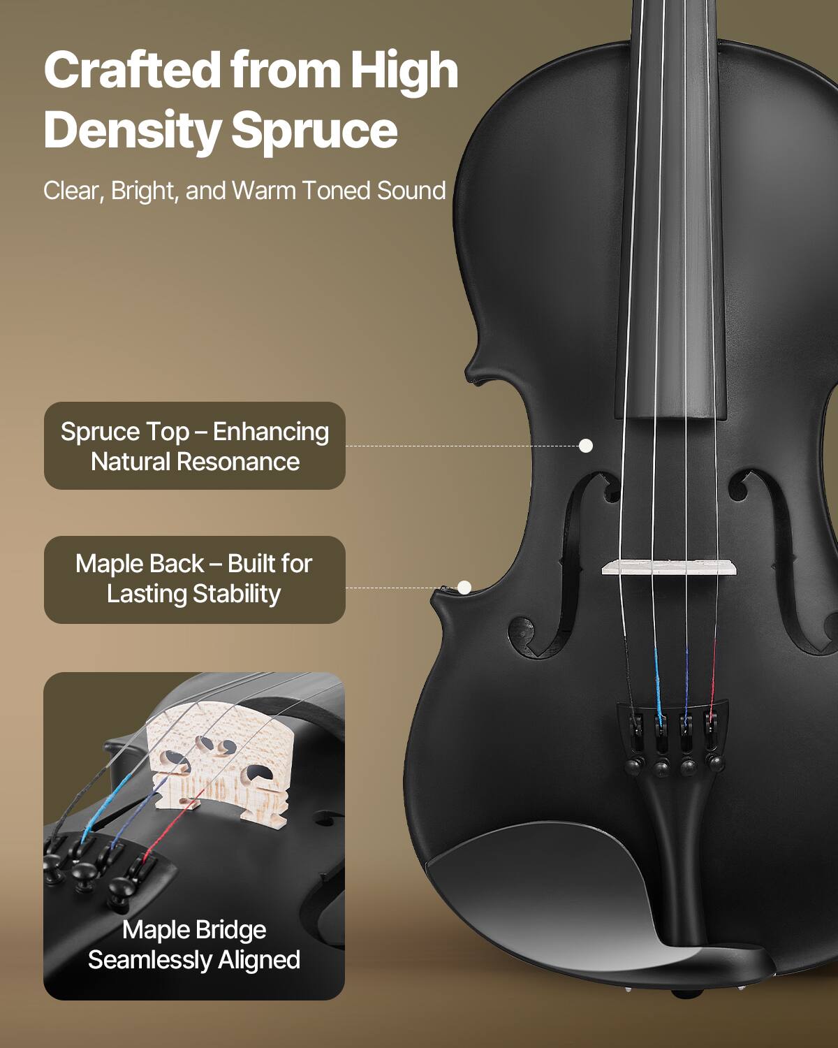 Crafted from High Density Spruce  
Clear, Bright, and Warm Toned Sound  

Spruce Top – Enhancing Natural Resonance  
Maple Back – Built for Lasting Stability  
Maple Bridge Seamlessly Aligned