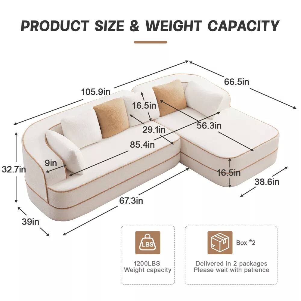 PRODUCT SIZE & WEIGHT CAPACITY

- 105.9in
- 66.5in
- 56.3in
- 39in
- 32.7in
- 9in
- 16.5in
- 29.1in
- 85.4in
- 16.5in
- 38.6in
- 67.3in

1200LBS Weight capacity

Box *2
Delivered in 2 packages
Please wait with patience