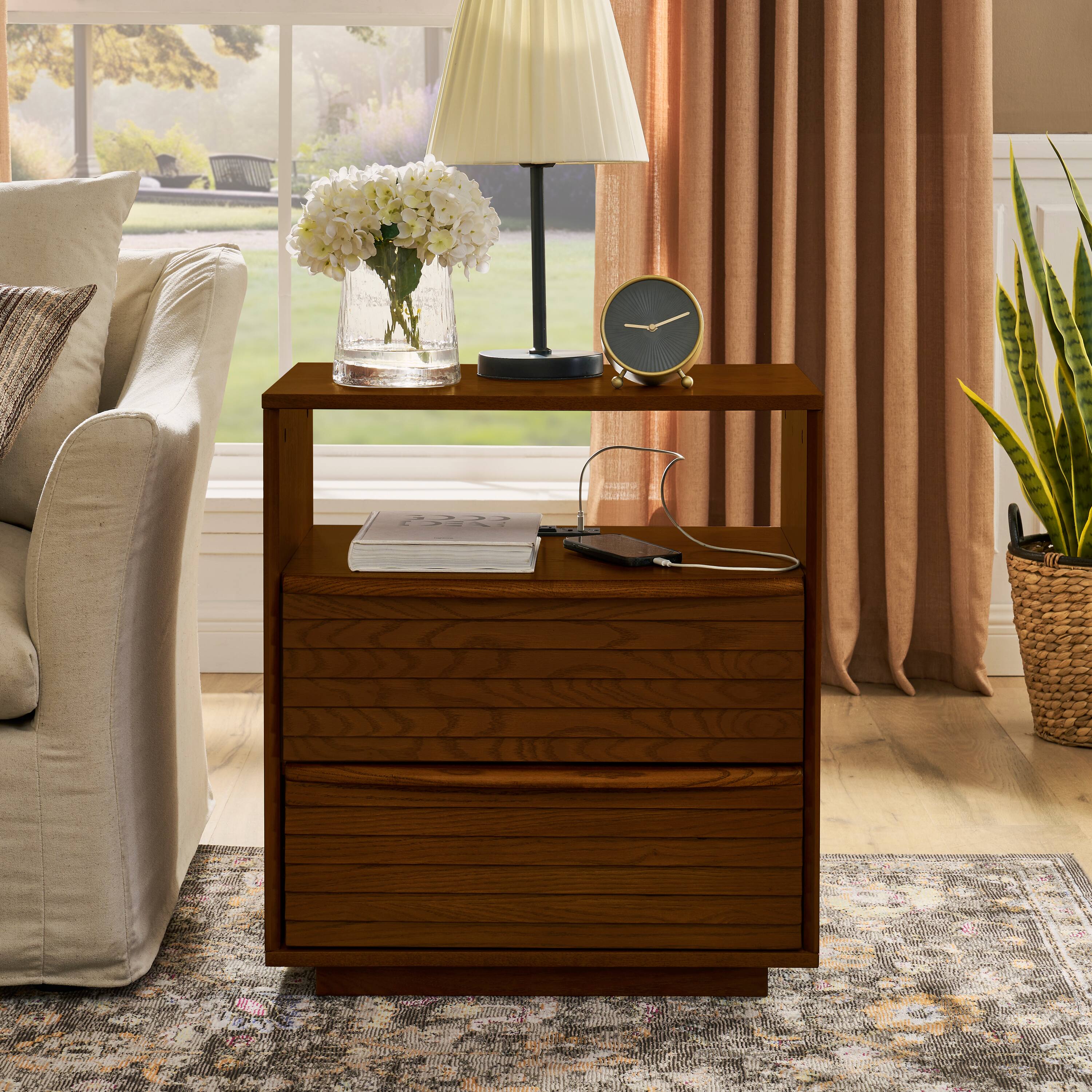 Alt View 5. Lirago - Nightstand with Charging Station 2 Solid Wood Drawers Open Shelf Walnut Brown 25.5"H x 22.75"W x 15.75"D - Walnut.