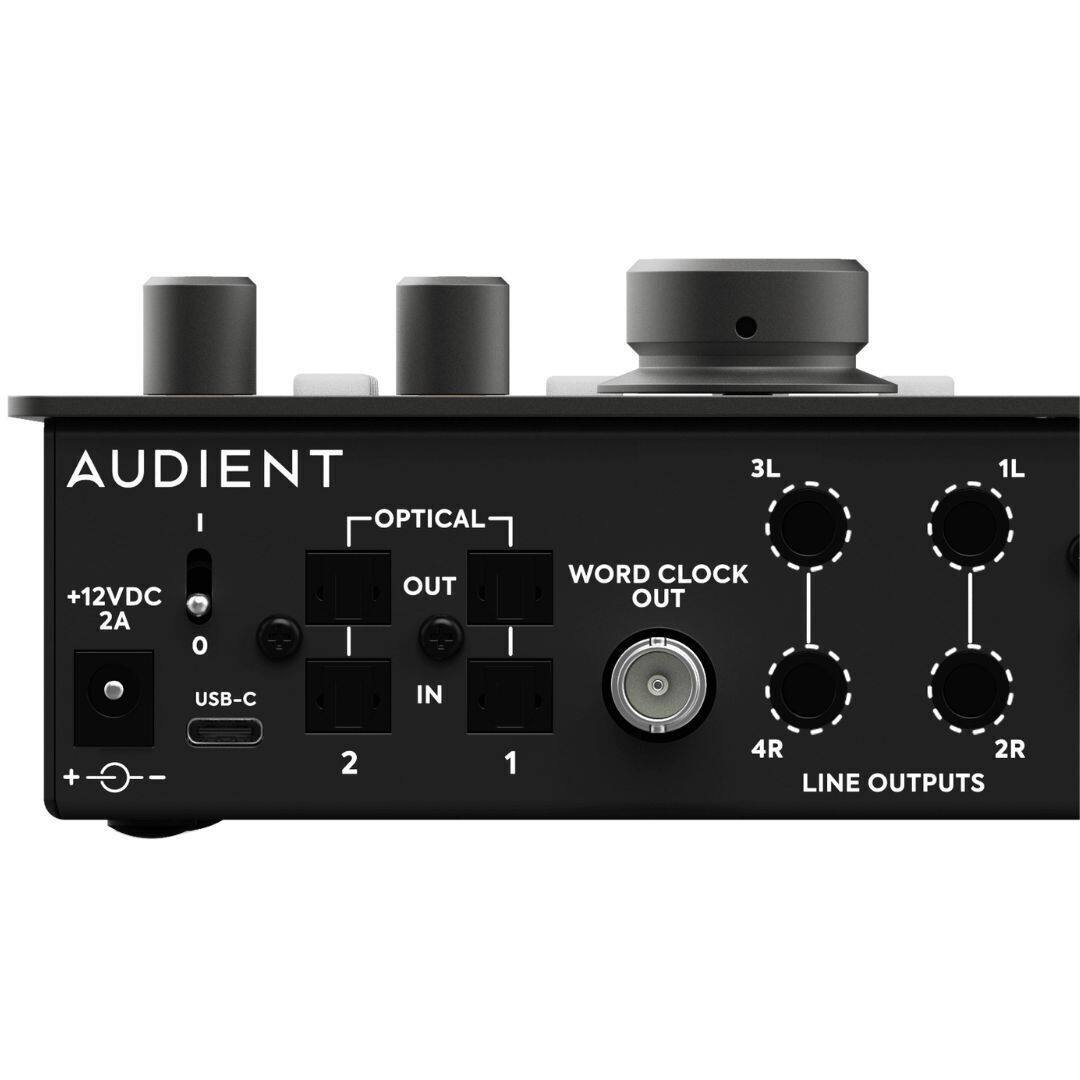 AUDIENT  
OPTICAL  
+12VDC 2A  
USB-C IN  
OUT  
WORD CLOCK OUT  
LINE OUTPUTS  
1L 2L 3L 4R 2R