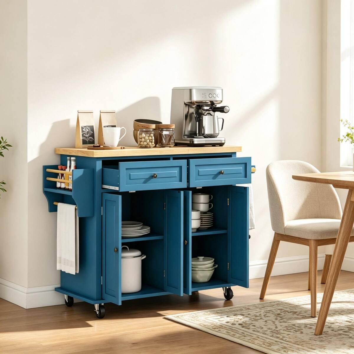 Left. Loheer - Loheer Turquoise Kitchen Island Cart, Rolling Kitchen Trolley with Drawers, Rubberwood Top, 43.75" W - Turquoise.