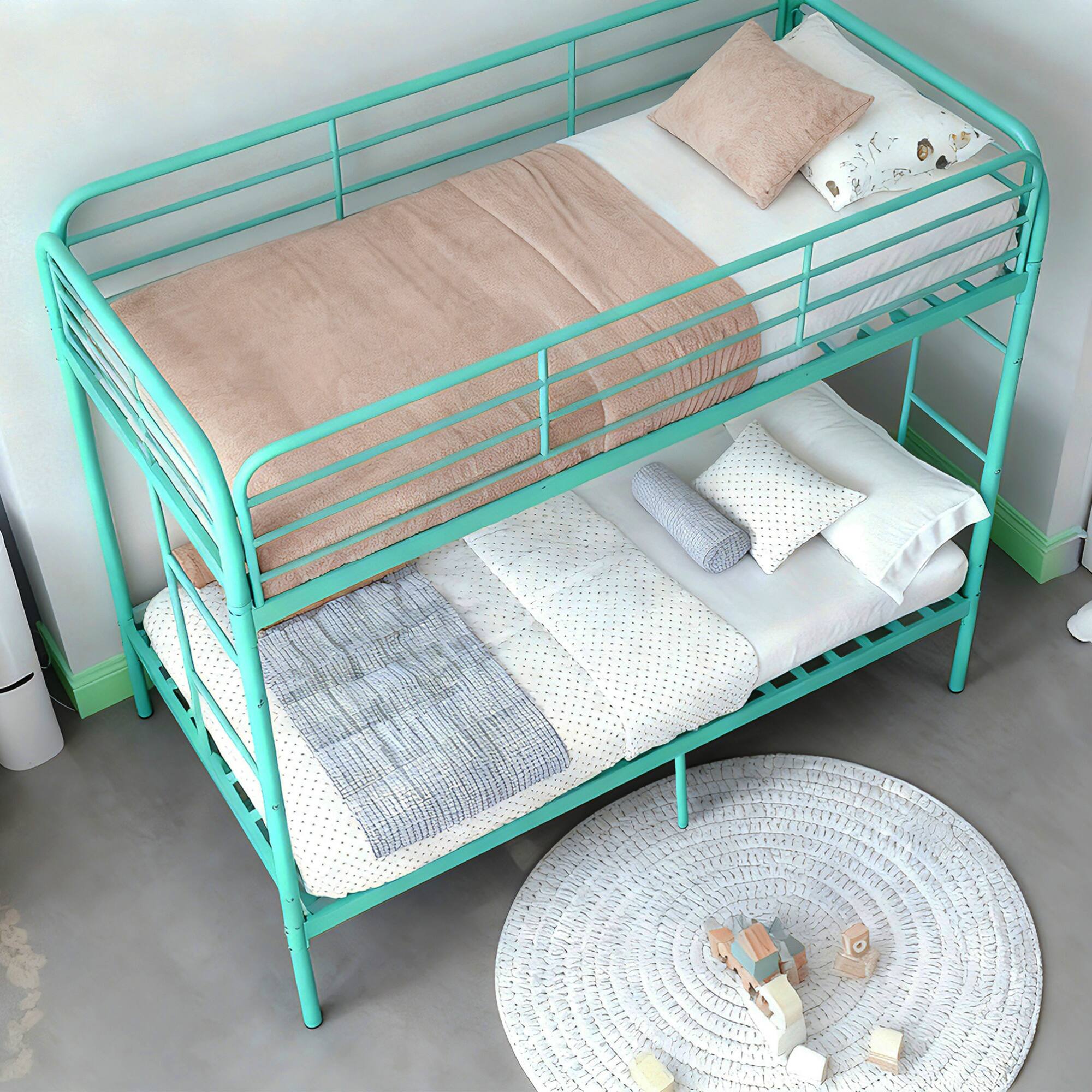 Back. GOODSILO - Metal Twin Over Twin Bunk Bed with Dual Ladders and Full-Length Safety Rails, Space-Saving Design for Kids and Teens - Green.