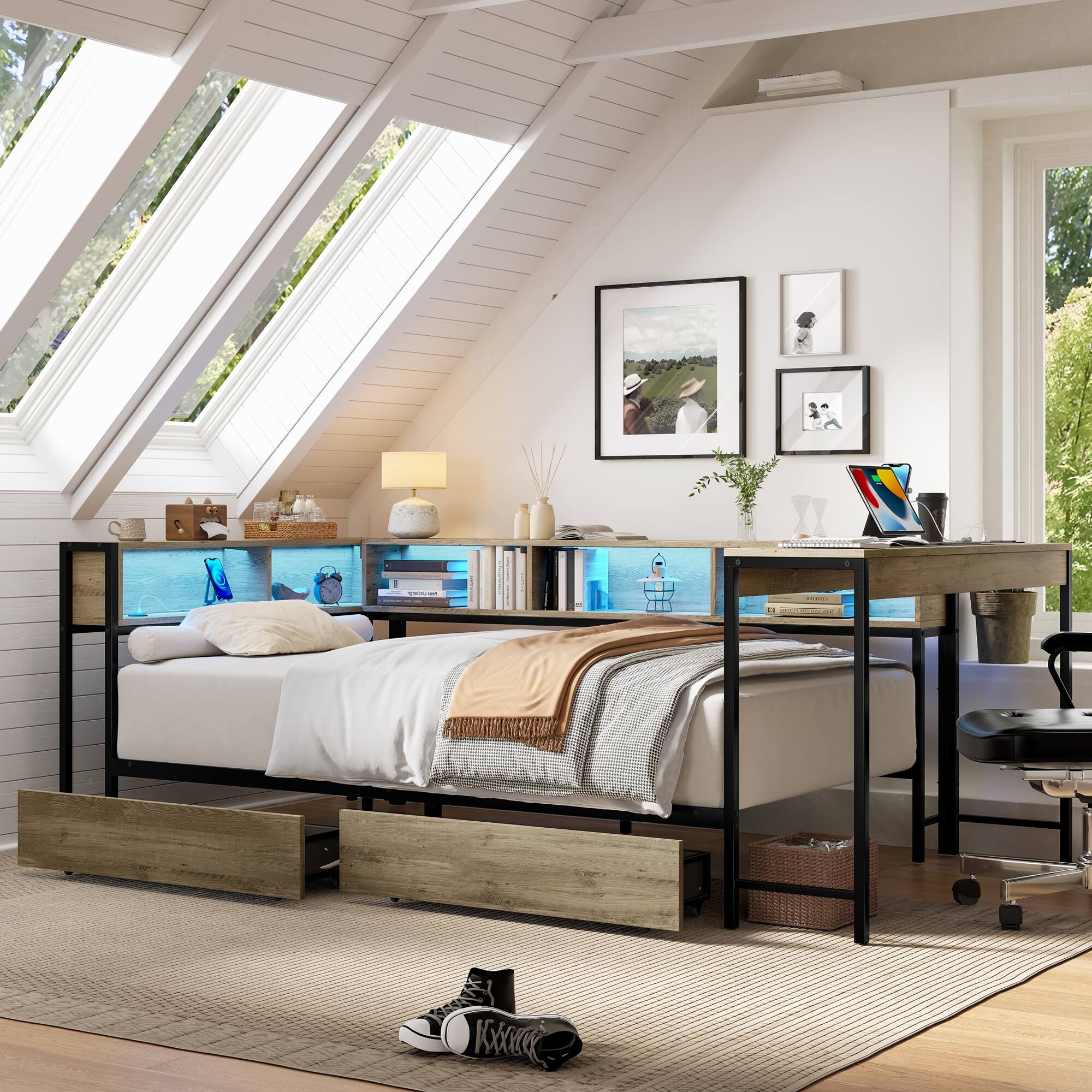 Angle. LUCKY ONE - Twin Size Corner Bed Frame with Bookcase and 2 Underbed Storage Drawers - Grey.