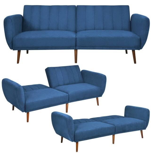 Back. Hivvago - Modern Scandinavian Blue Linen Upholstered Sofa Bed with Wooden Legs - Blue.