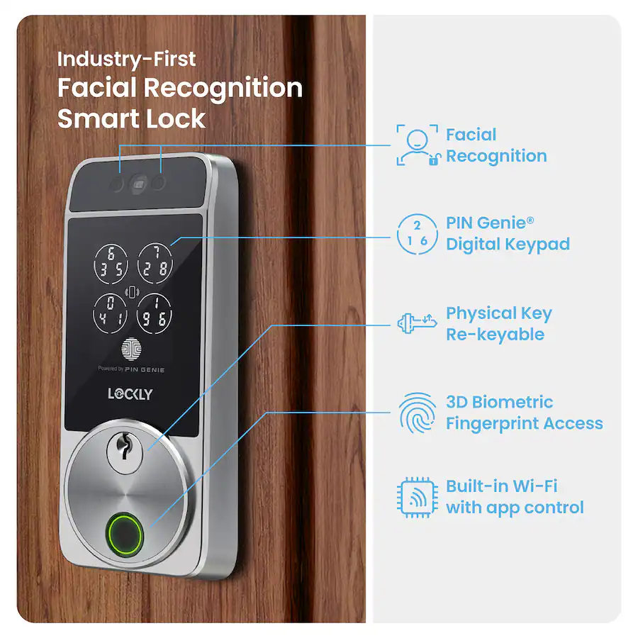 Physical Key Lock Lockly Visage Smart Lock Wi Fi Deadbolt Facial/Keyway/Fingerprint Satin ...