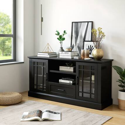 Front. Kadyn - TV Stand for TVs up to 70 with Glass Doors Cubbies and Drawer-Black, Mid Century Modern TV Stand for Living Room Bedroom - Black.