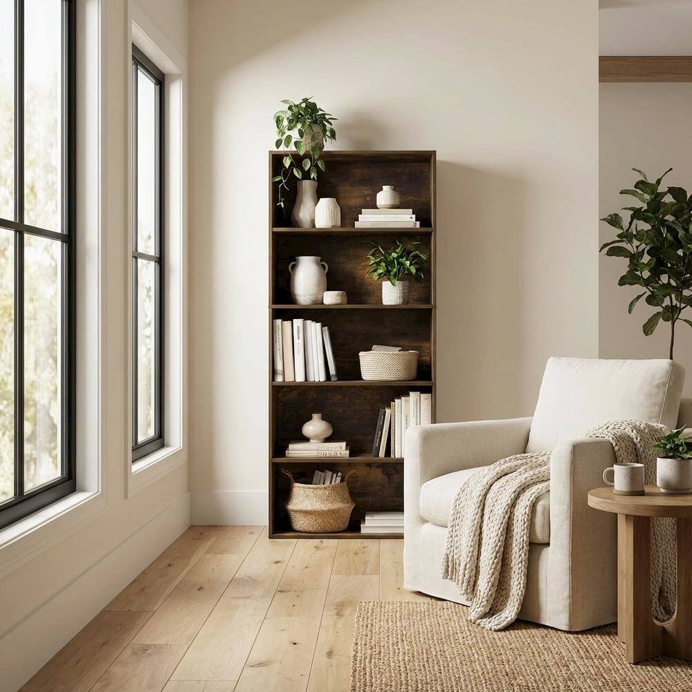 Left. FurniFact - Amber Pine 5-Tier Bookshelf with Adjustable Shelves for Organization - Amber Pine.