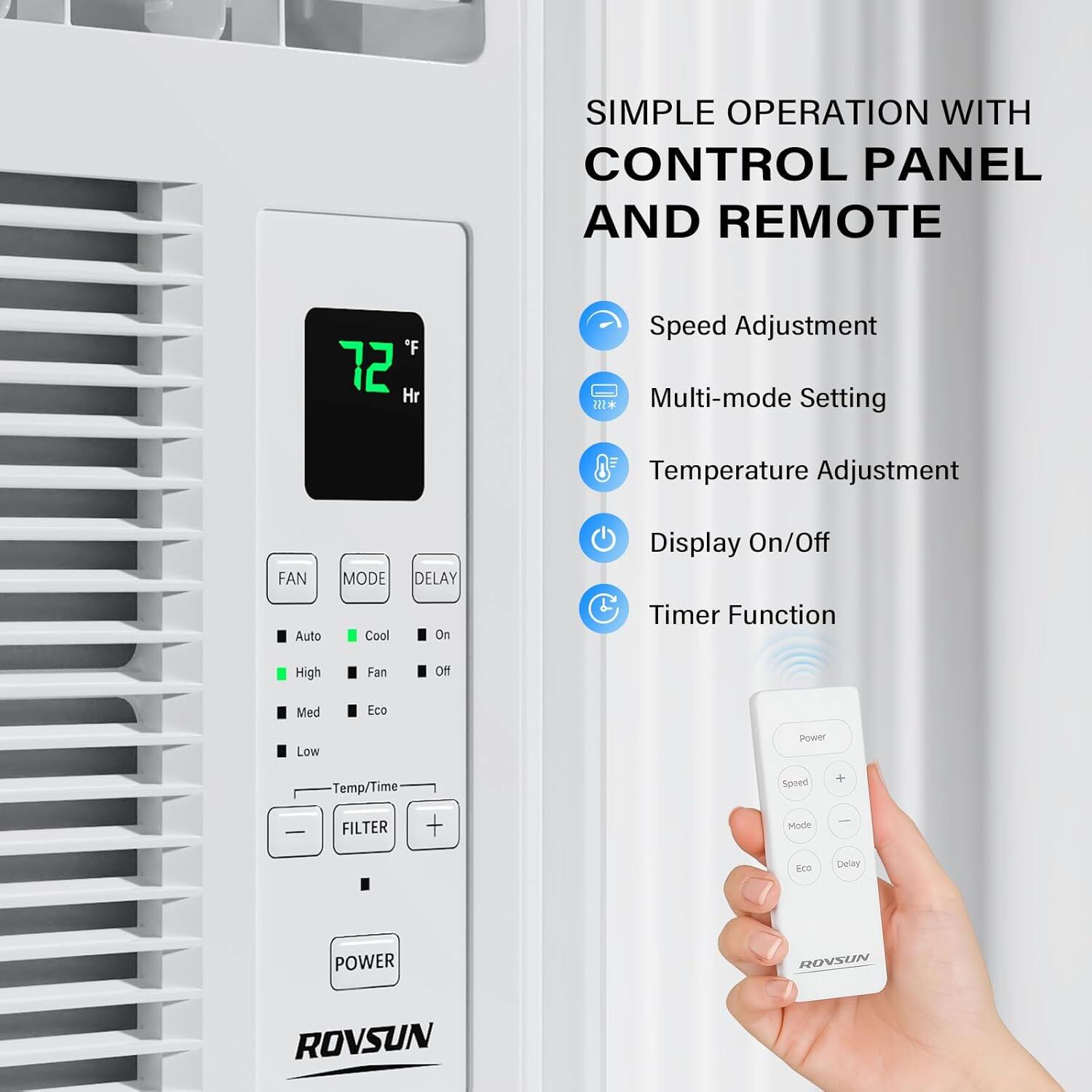 SIMPLE OPERATION WITH CONTROL PANEL AND REMOTE

- Speed Adjustment
- Multi-mode Setting
- Temperature Adjustment
- Display On/Off
- Timer Function

FAN MODE DELAY
Auto Cool On Timer Function
High Fan of Med Eco Low Power
Temp/Time FILTER + Speed Mode + - 6c0 Delay
POWER

ROVSUN