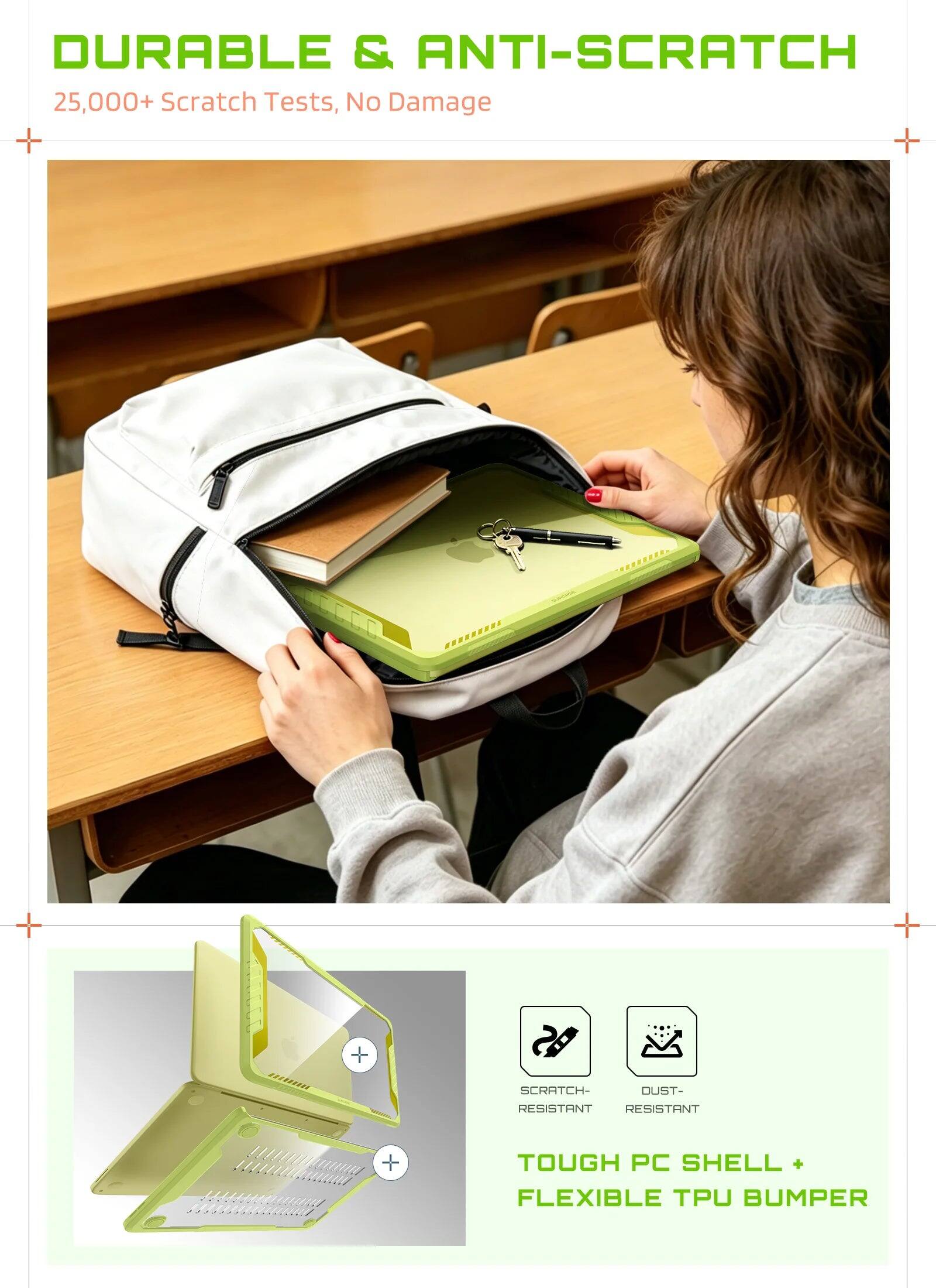 DURABLE & ANTI-SCRATCH  
25,000+ Scratch Tests, No Damage  

SCRATCH- RESISTANT  
DUST- RESISTANT  

TOUGH PC SHELL + FLEXIBLE TPU BUMPER
