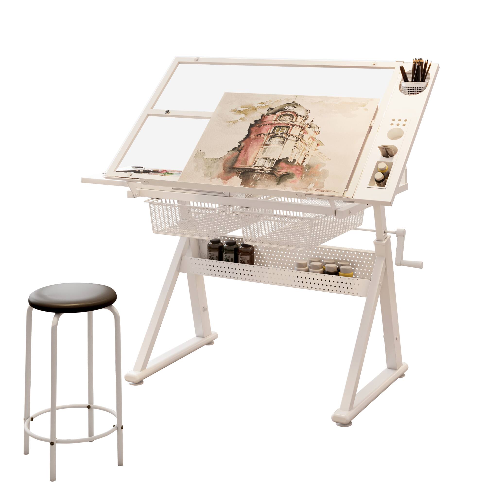 Angle. GOODSILO - Adjustable Tempered Glass Drafting Table with Chair and Storage - Hand Crank Height Adjustment for Art and Office Use - White.