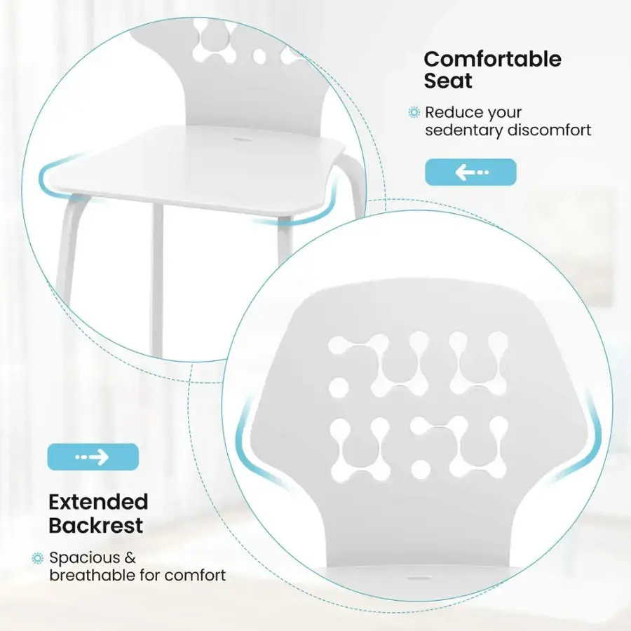 The text on the image can be grouped and corrected as follows:

Comfortable Seat: Reduce your sedentary discomfort.

Extended Backrest: Spacious & breathable for comfort.