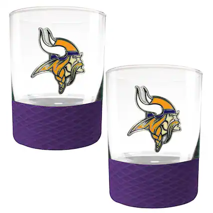 Front. Great American Products - Minnesota Vikings 2-Pack 14oz. Rocks Glass Set with Silcone Grip - Purple.