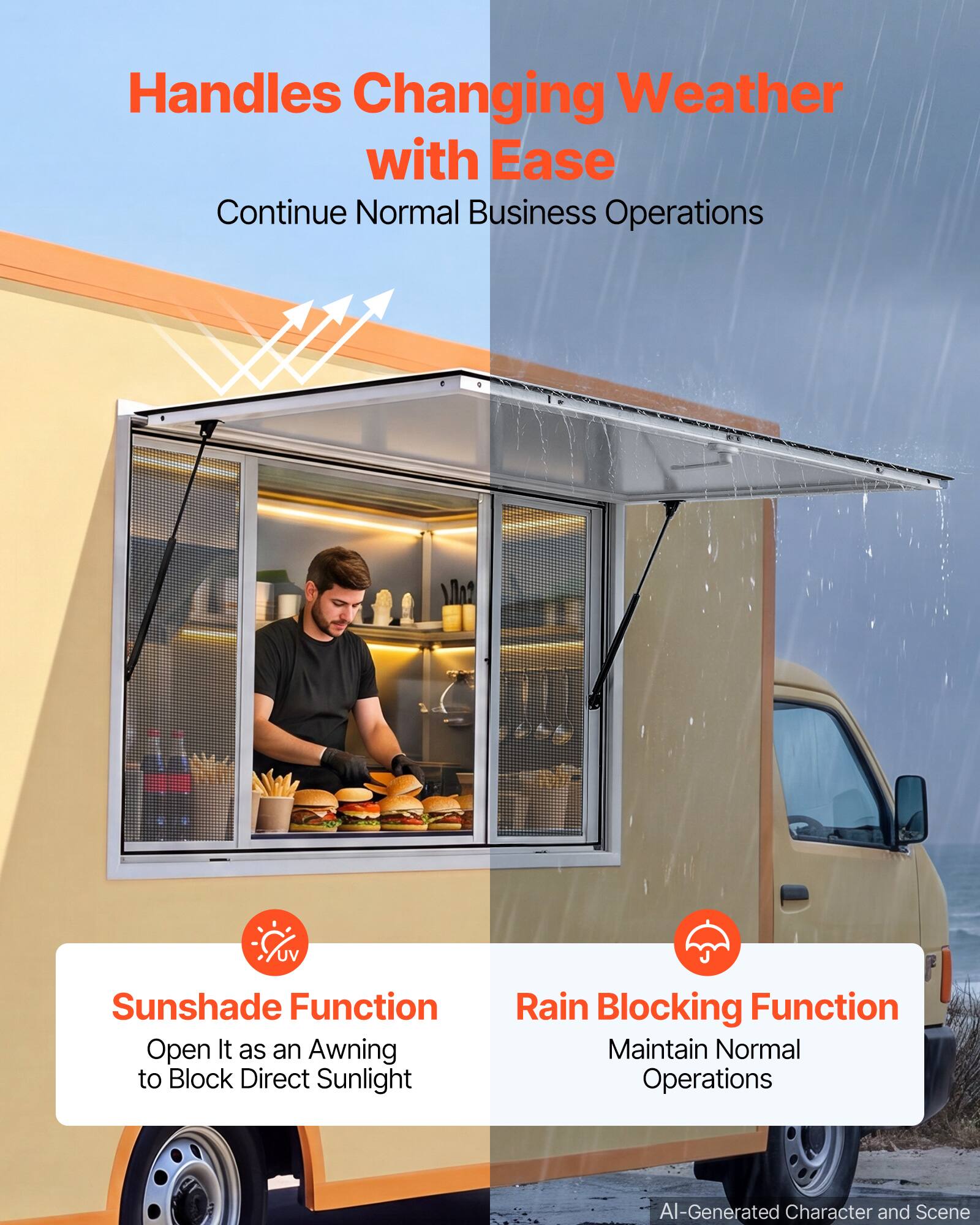 Handles Changing Weather with Ease  
Continue Normal Business Operations  

12 UV Sunshade Function  
Open It as an Awning to Block Direct Sunlight  

Rain Blocking Function  
Maintain Normal Operations  

AI-Generated Character and Scene