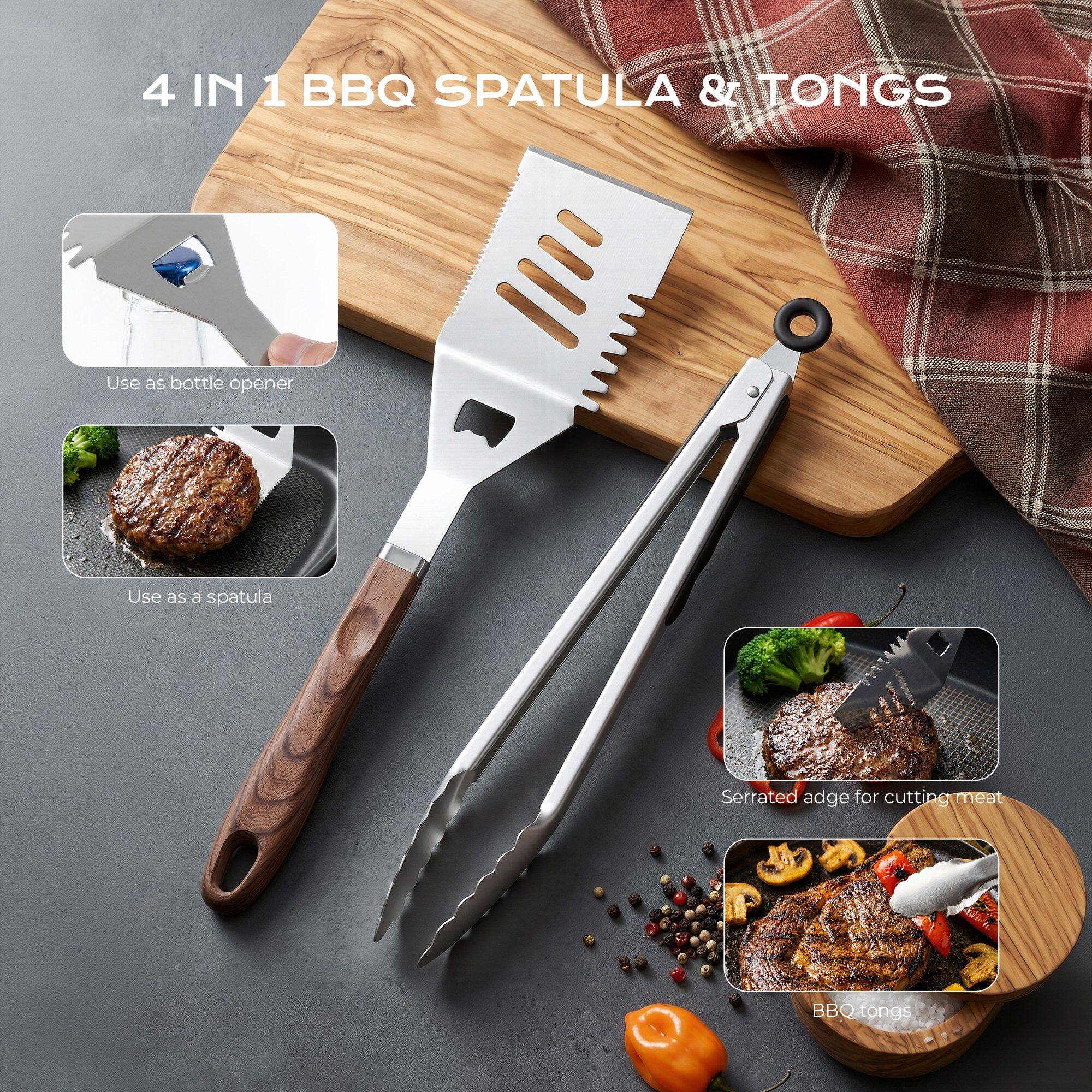 4 IN 1 BBQ SPATULA & TONGS

- Use as bottle opener
- Use as a spatula
- Serrated edge for cutting meat
- BBQ tongs