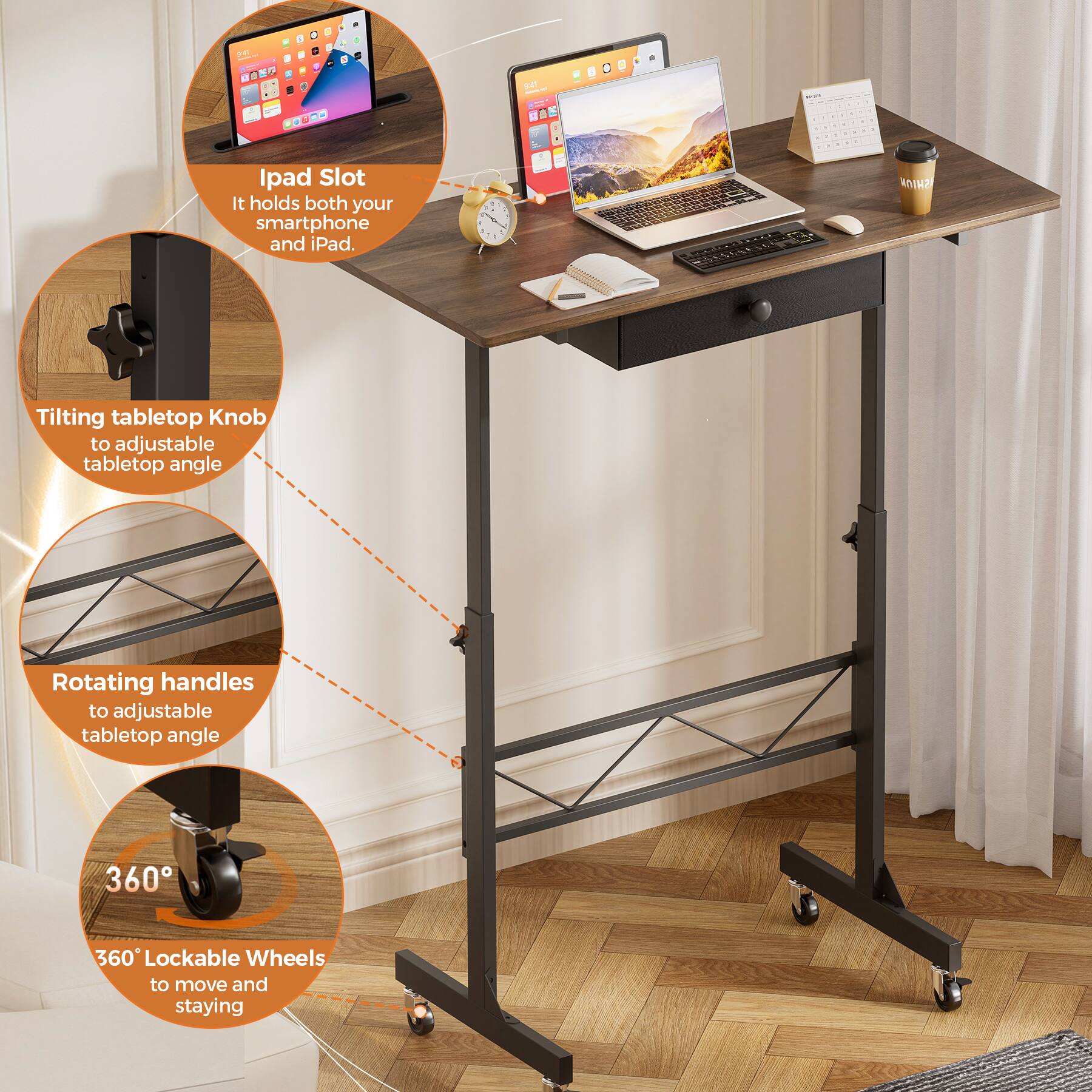 Ipad Slot It holds both your smartphone and iPad. - - - - - - . - - -  - I Tilting tabletop Knob to adjustable tabletop angle Rotating handles to adjustable tabletop angle 360 360 Lockable Wheels to move and staying