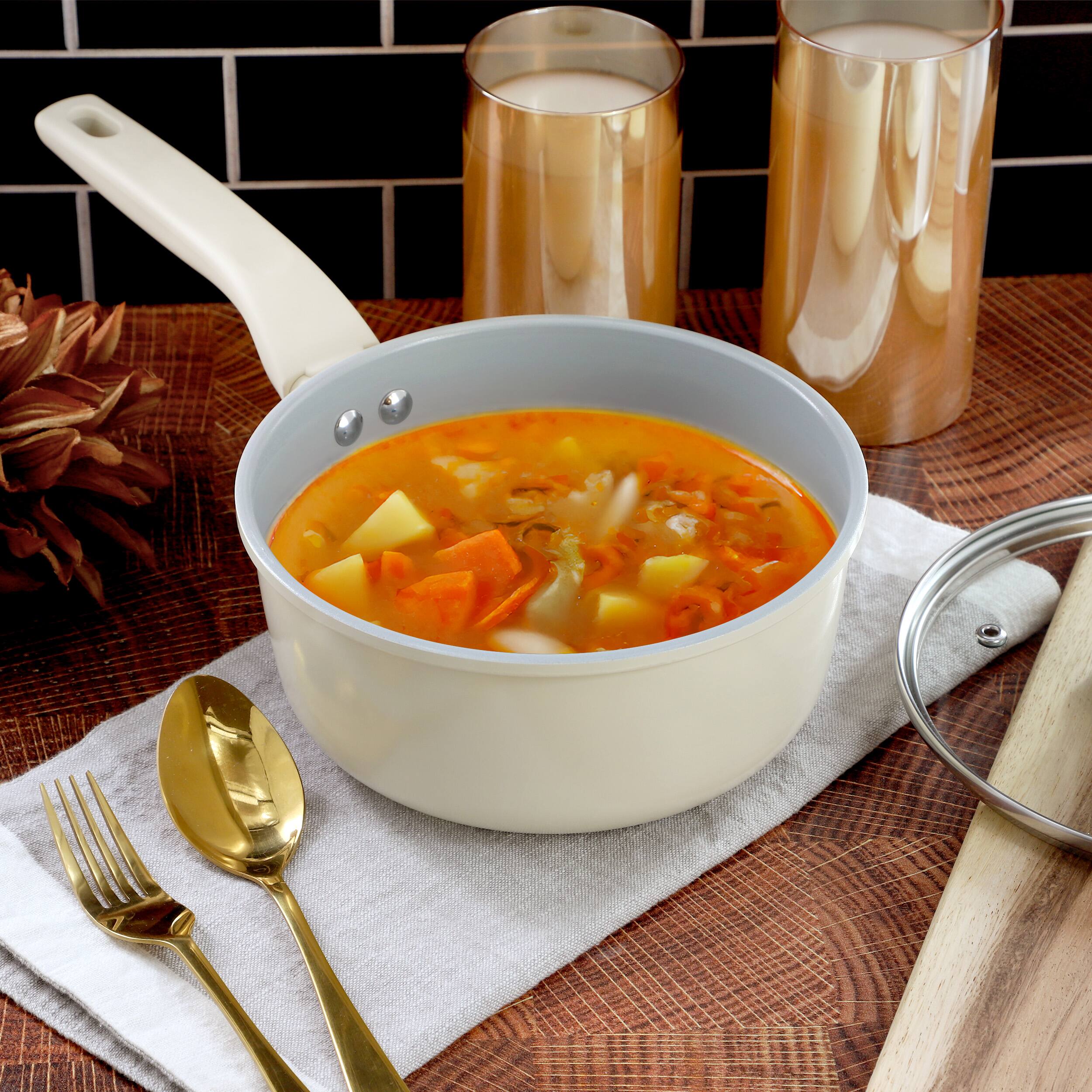 Alt View 4. Gibson - Gibson Home Barnsdall 2 Quart Ceramic Nonstick Aluminum Saucepan in Ivory with Lid - White.