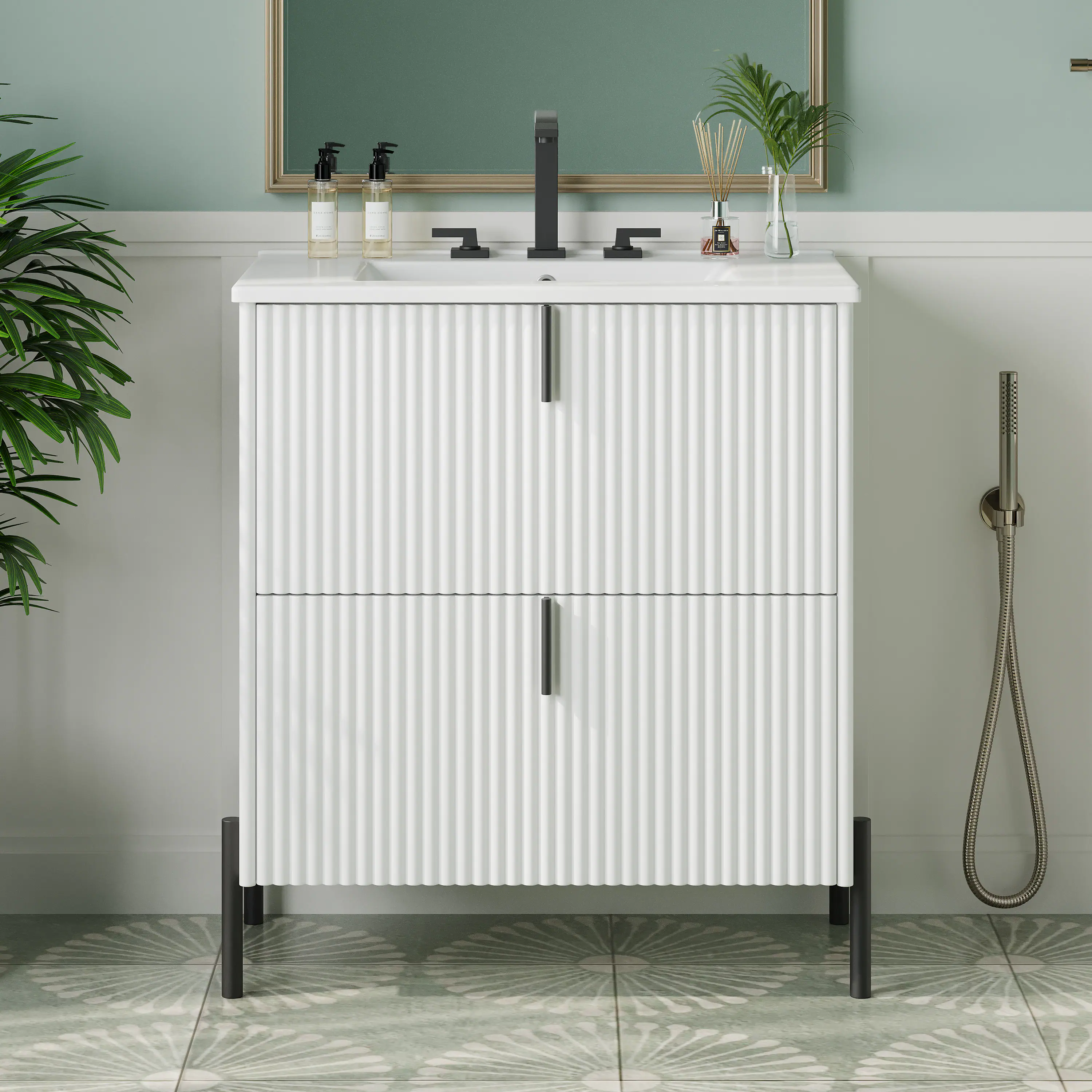 Left. Loheer - 2.5 ft Bathroom Vanity with Ceramic Sink and Soft-Close Drawers - White.