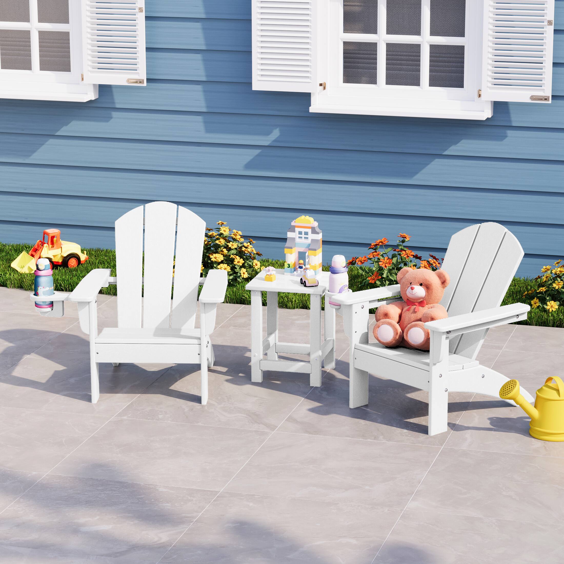 Angle. WestinTrends - WestinTrends Malibu 3-Piece Kids HDPE Adirondack Chairs Set with Square Side Table and Cup Holders - White.