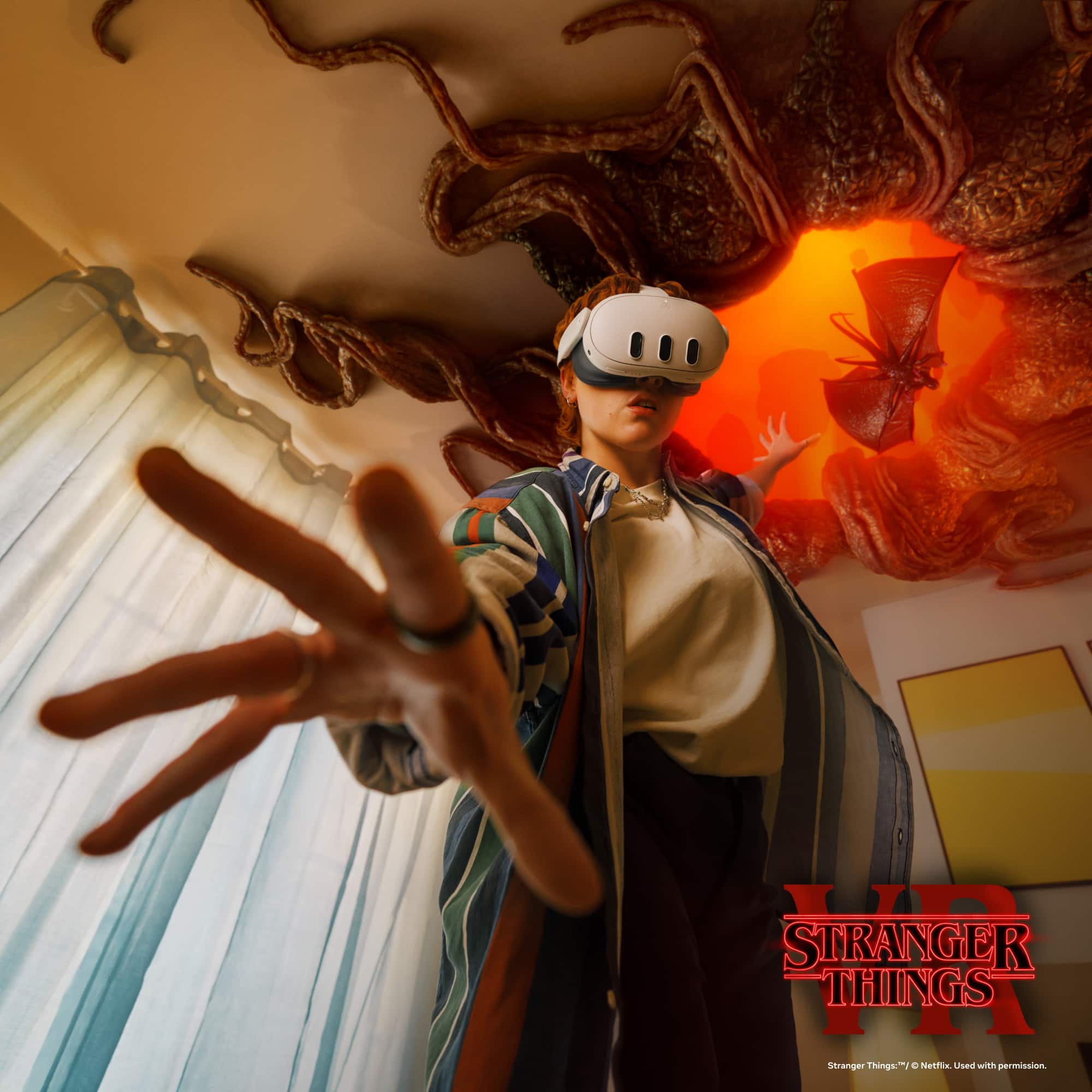 "Stranger Things" is a popular TV show that has captured the attention of many viewers. The image features a woman wearing a striped shirt and a white hat, reaching out towards the camera. The scene appears to be from the show, with a monster in the background. The image is a promotional poster for the show, and it is not possible to watch the show without permission.