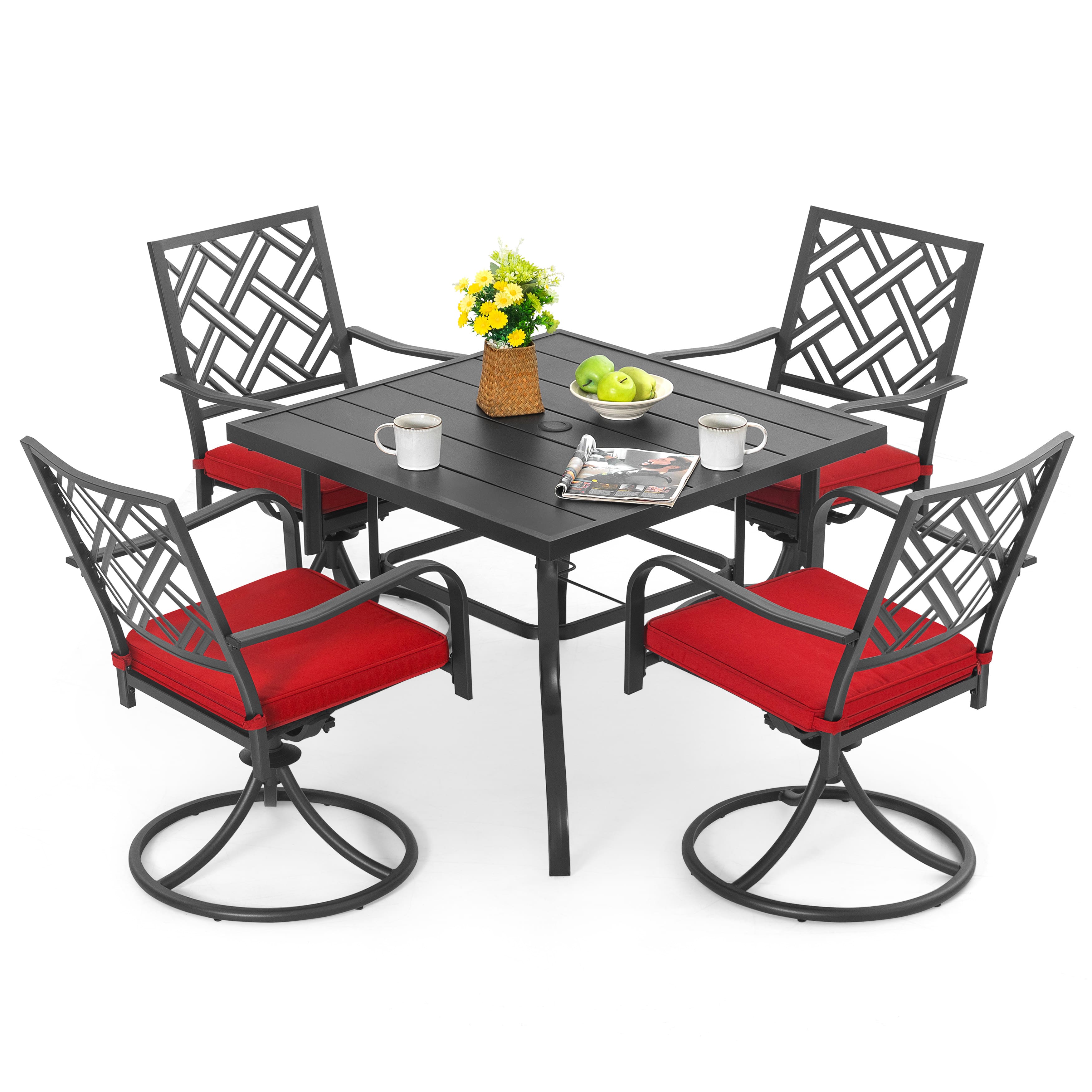 Nuu Garden - 5PCS Metal Patio Dining Set with Umbrella Hole, Swivel Chairs with Cushions - Black and Red