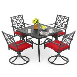 Nuu Garden - 5PCS Metal Patio Dining Set with Umbrella Hole, Swivel Chairs with Cushions - Black and Red