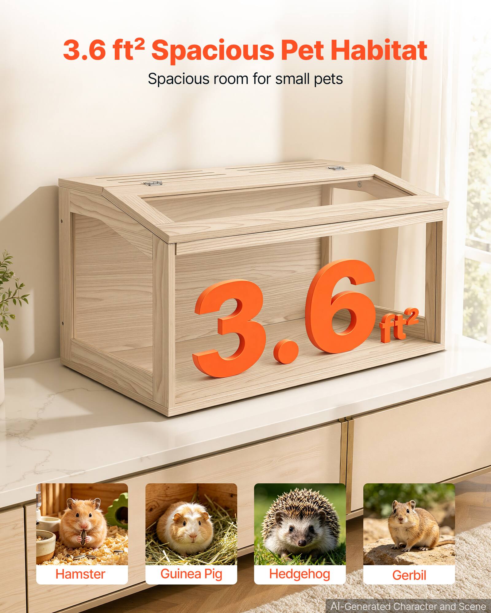 3.6 ft² Spacious Pet Habitat  
Spacious room for small pets  

Hamster  
Guinea Pig  
Hedgehog  
Gerbil  

AI-Generated Character and Scene