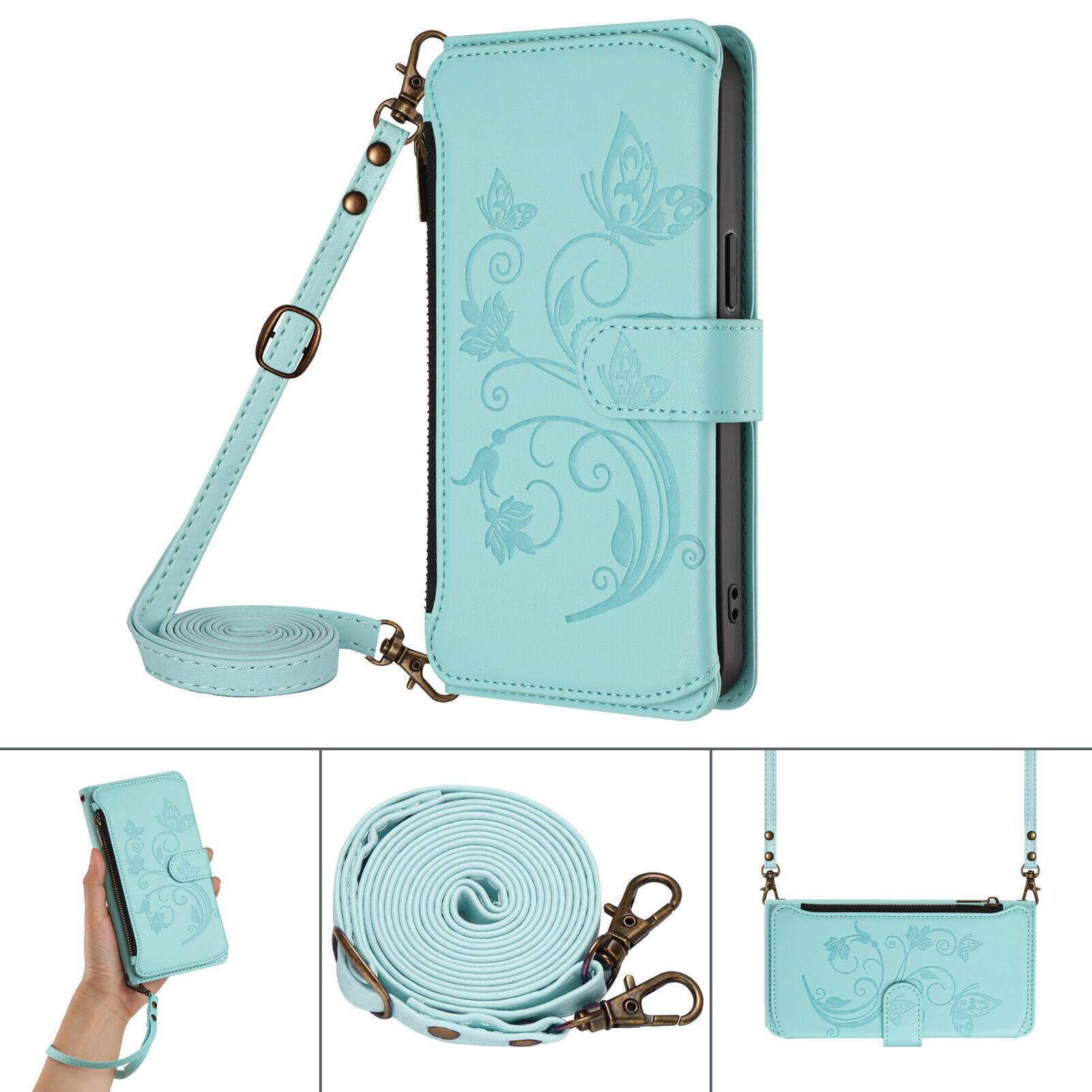 Alt View 4. Dteck - Crossbody Wallet Case for Motorola G Power 5G (2025),Embossed Butterfly Flower Folio Cover with Zipper Pocket+Strap - Green.