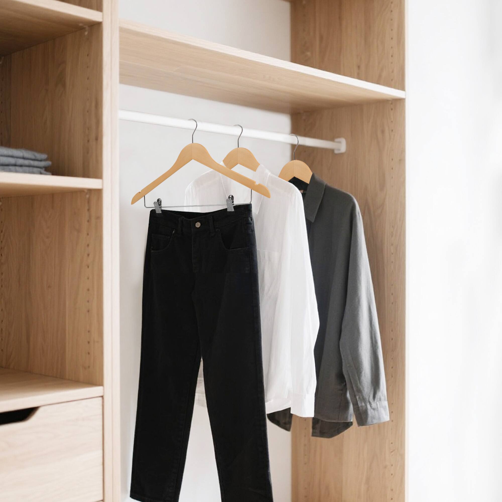 Alt View 2. BP4U - 12-Pack Premium Wooden Clothes Hangers with Swivel Hook, Solid Wood Skirts/Pants Hangers with Clips for Suits Coats - Natural Wood.