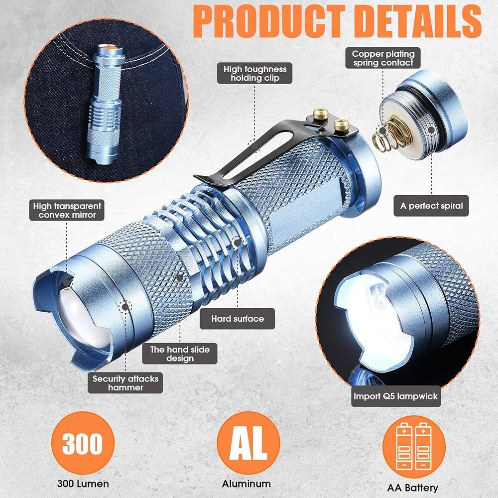 PRODUCT DETAILS

- Copper plating spring contact
- High toughness holding clip
- High transparent convex mirror
- A perfect spiral
- Hard surface
- The hand slide design
- Security attacks hammer
- Import Q5 lampwick
- 300 Lumen
- AL Aluminum
- AA Battery