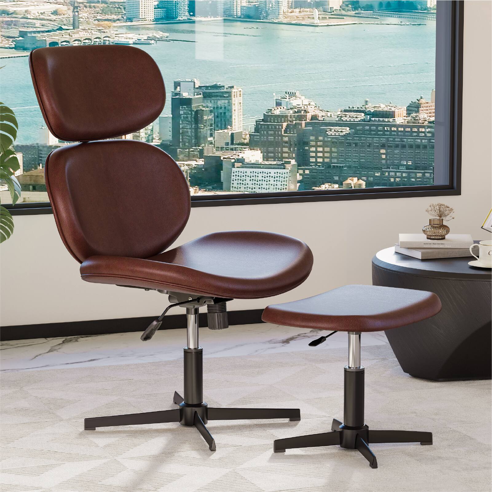 Angle. Bestier - Modern Armless Ergonomic Rocking Lounge Chair 360° Swivel Accent Chair with Ottoman PU Gaming Chair - Brown.
