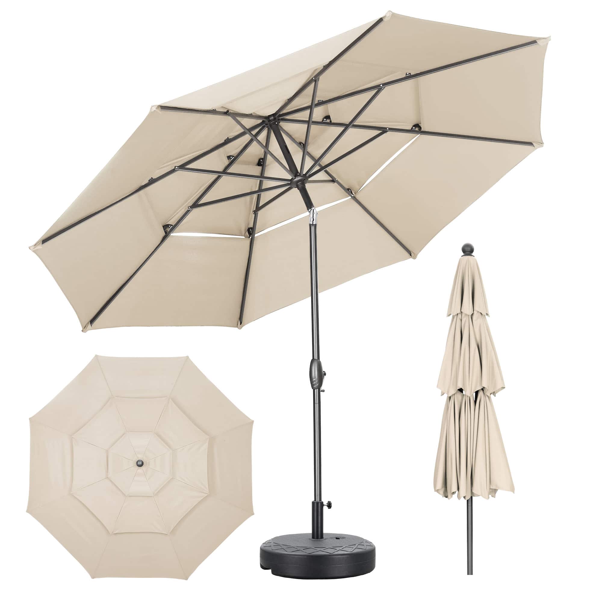 Ainfox - 10 FT Outdoor Patio Umbrella with Base 3 Tiers Adjustable Umbrella with Crank & Tilt for Patio Backyard Poolside - Khaki