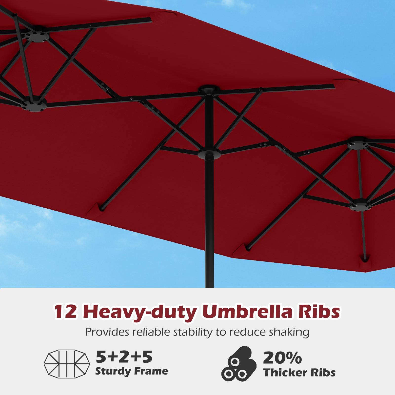12 Heavy-duty Umbrella Ribs, Provides reliable stability to reduce shaking, 5+2+5, 20% Thicker Ribs, Sturdy Frame