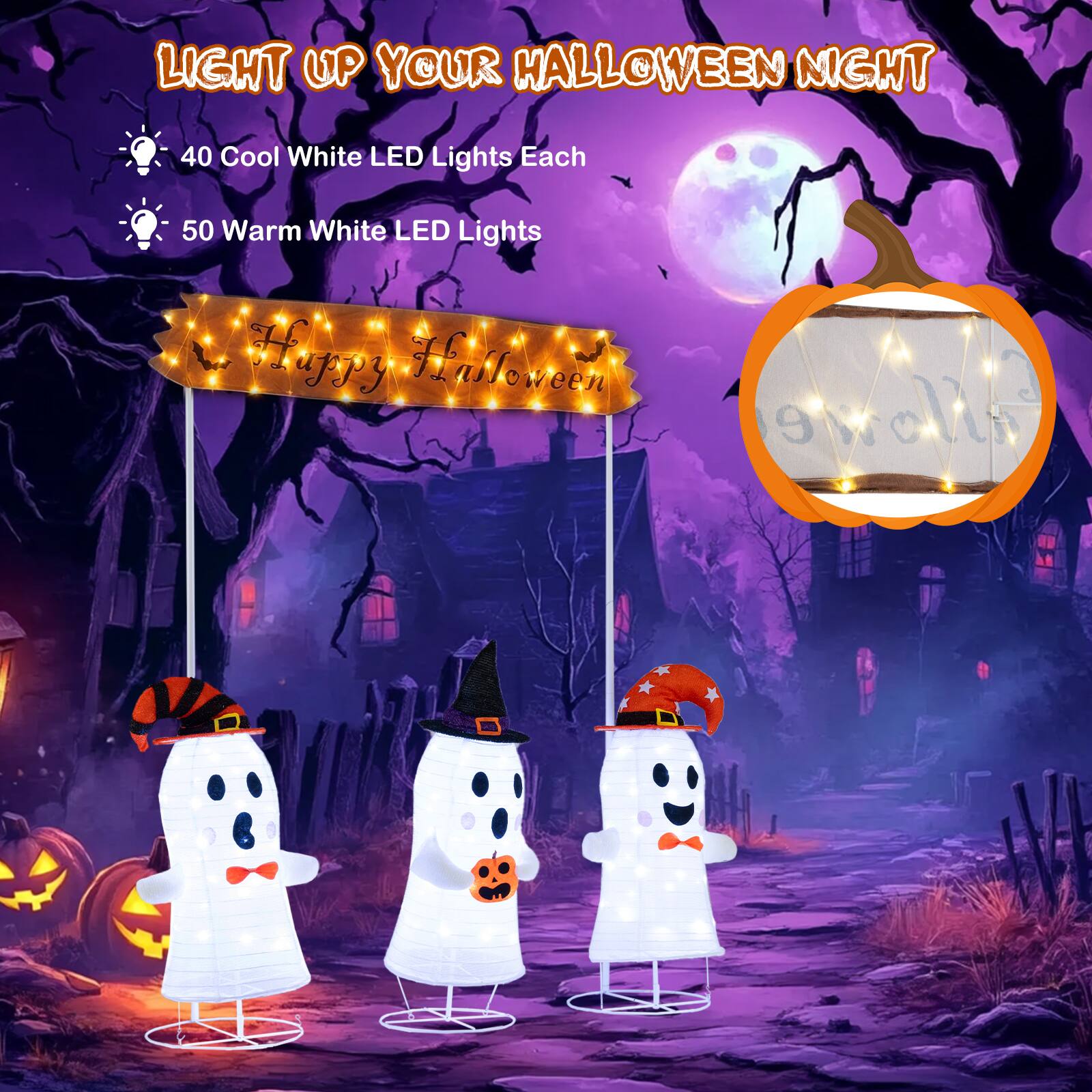 LIGHT UP YOUR HALLOWEEN NIGHT

40 Cool White LED Lights Each

50 Warm White LED Lights