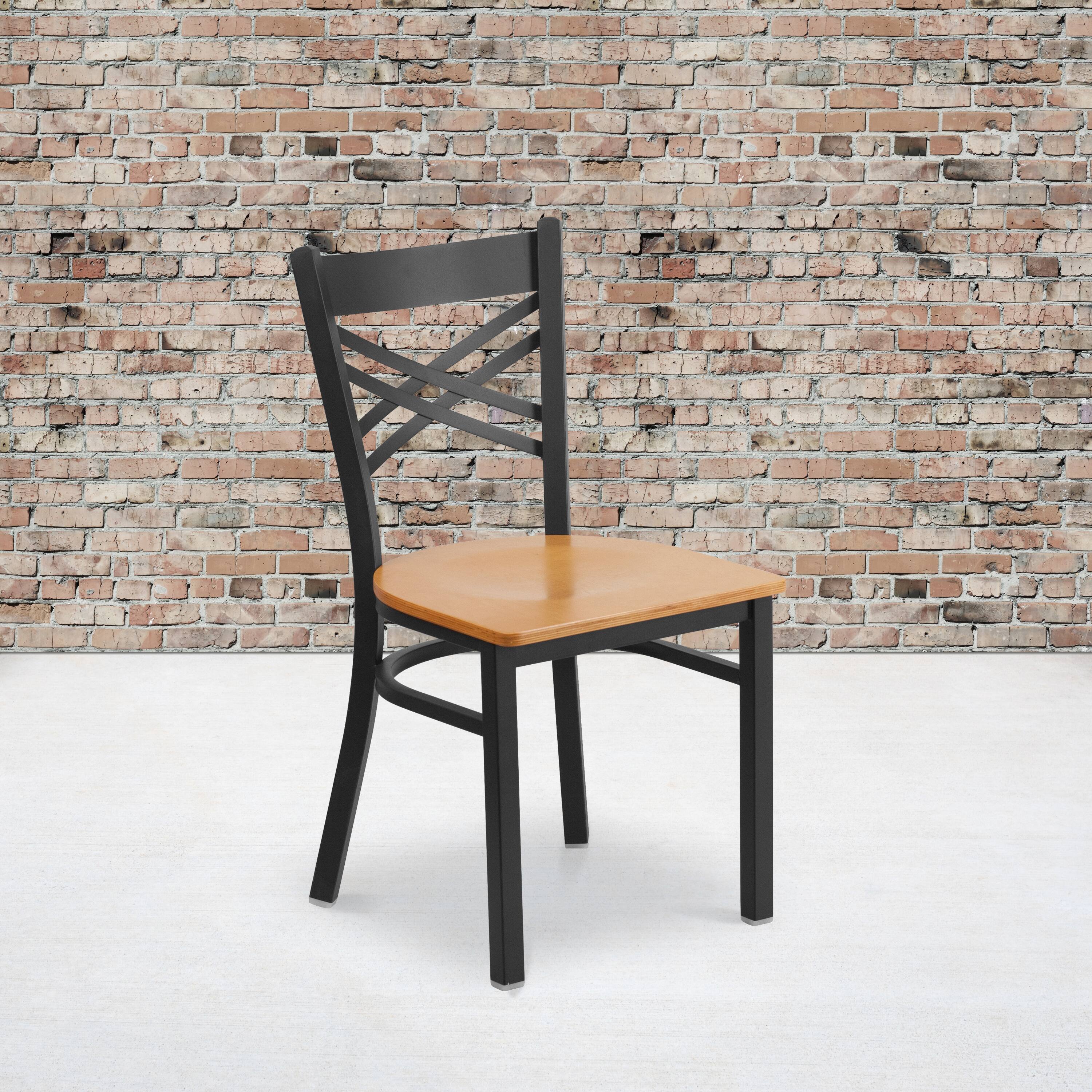 Alt View 2. Emma + Oliver - 2 Pack "X" Back Metal Restaurant Chair - Natural Wood Seat/Black Metal Frame.