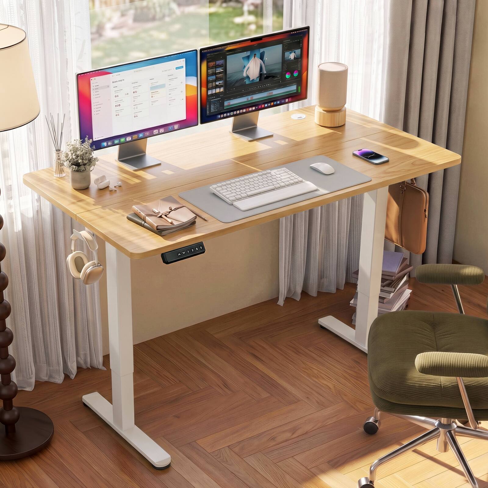 Alt View 3. Bestier - Electric Standing Desk - Height Adjustable Office Desk with LED Display, Hooks & Wire Holes - Yellow.