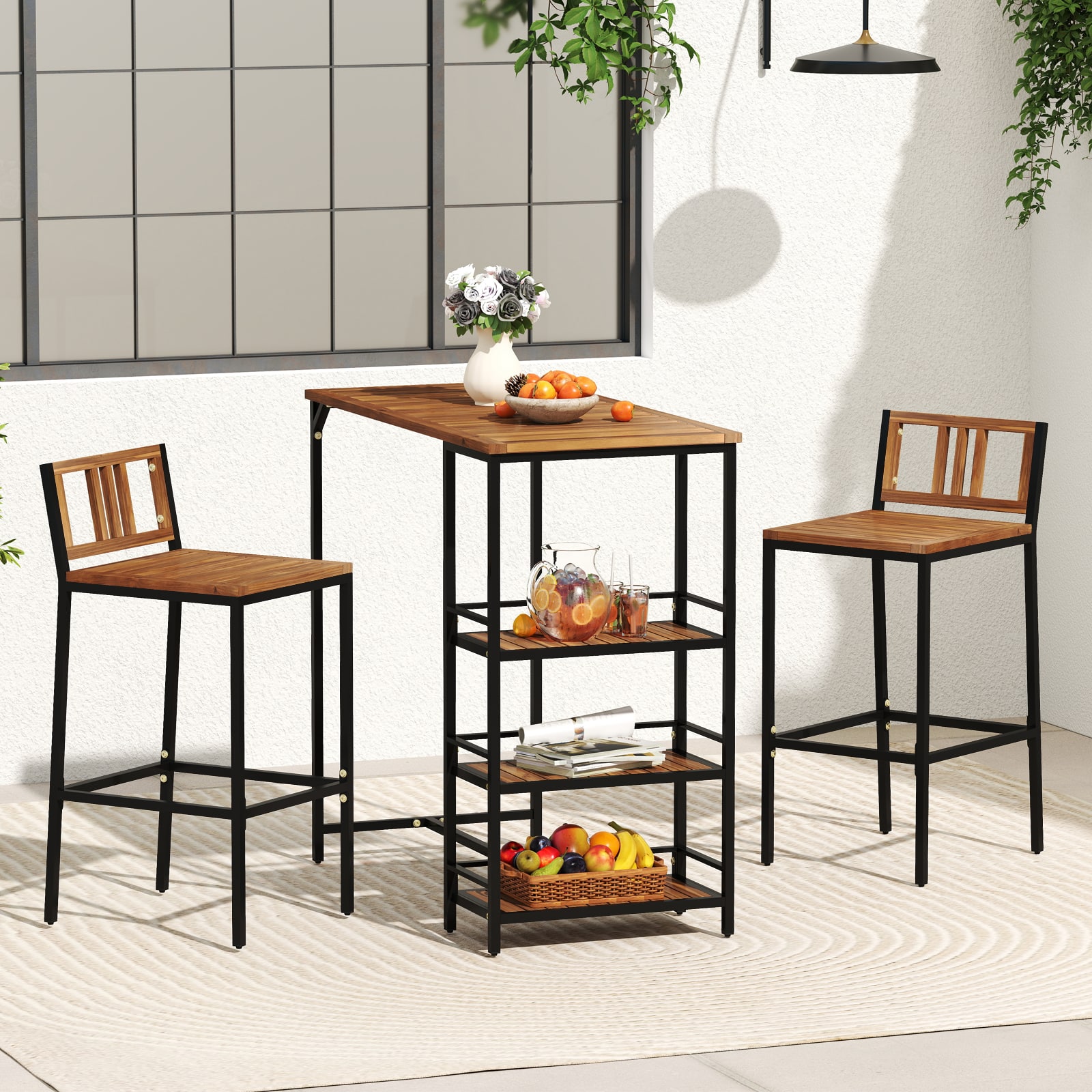 Gymax - 3 Pieces Outdoor Wood Bar Set w/ 3-Tier Storage Shelf & Metal Frame for Backyard - Black, Natural price history on PriceWatchPro