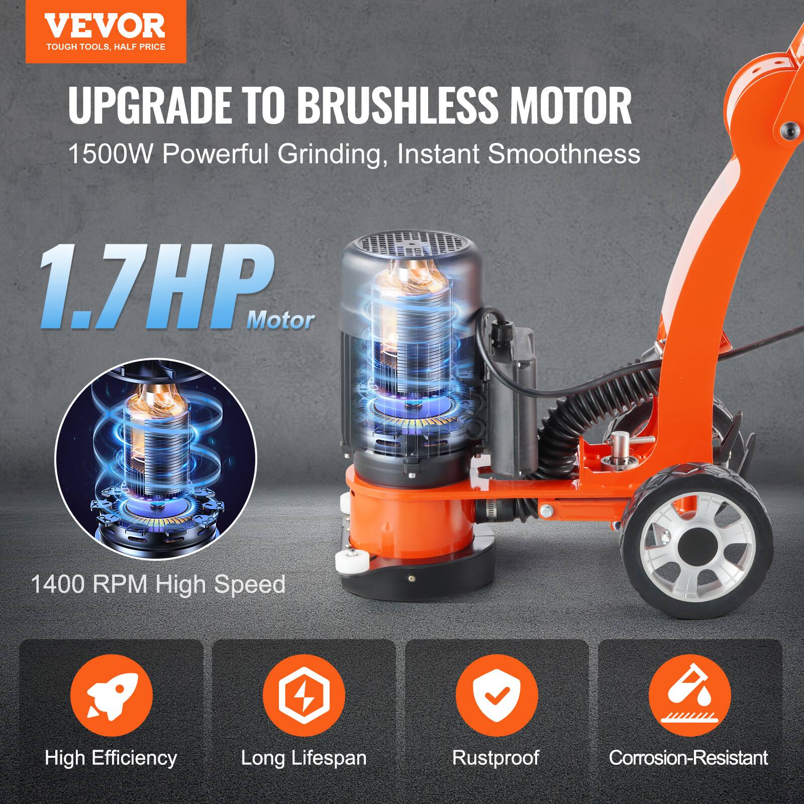 VEVOR TOUGH TOOLS, HALF PRICE

UPGRADE TO BRUSHLESS MOTOR
1500W Powerful Grinding, Instant Smoothness

1.7HP Motor
1400 RPM High Speed

High Efficiency
Long Lifespan
Rustproof
Corrosion-Resistant
