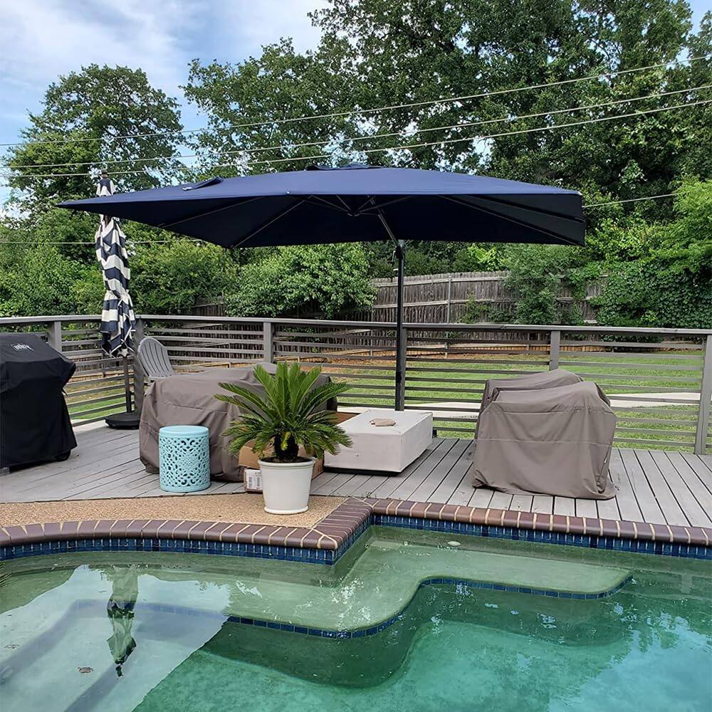 Alt View 1. PURPLE LEAF - 9' X 11.5' Aluminum Outdoor Patio Cantilever Umbrella Offset 360° Rotation Umbrella with Base for Garden Deck Pool - Navy Blue.