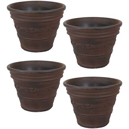 Front. Sunnydaze - 13 in Laurel Dual-Wall Polyresin Planter - Set of 4 - Dark Brown.